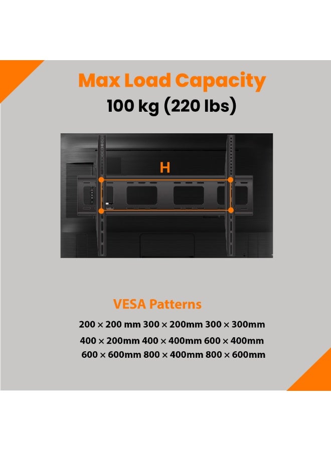 بيتيك حامل تلفزيون ثابت يدعم شاشات التلفزيون من 60 إلى 100 بوصة مما يصل إلى وزن 100 كجم (220 رطل)، يتوافق مع VESA حتى 800×600 مم، بُعد عن الجدار 63 مم، هيكل فولاذي متين مع لوحة قابلة للفك، مختبر لتحمل ثلاثة أضعاف الوزن، أسود | TF-86F - Image 3